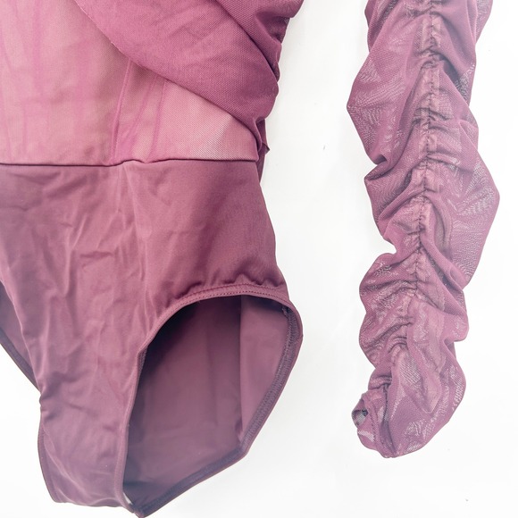Balera Burgundy Mesh Draped Lyrical Dance Leotard Ruched Long Sleeve Size MA - Picture 2 of 7
